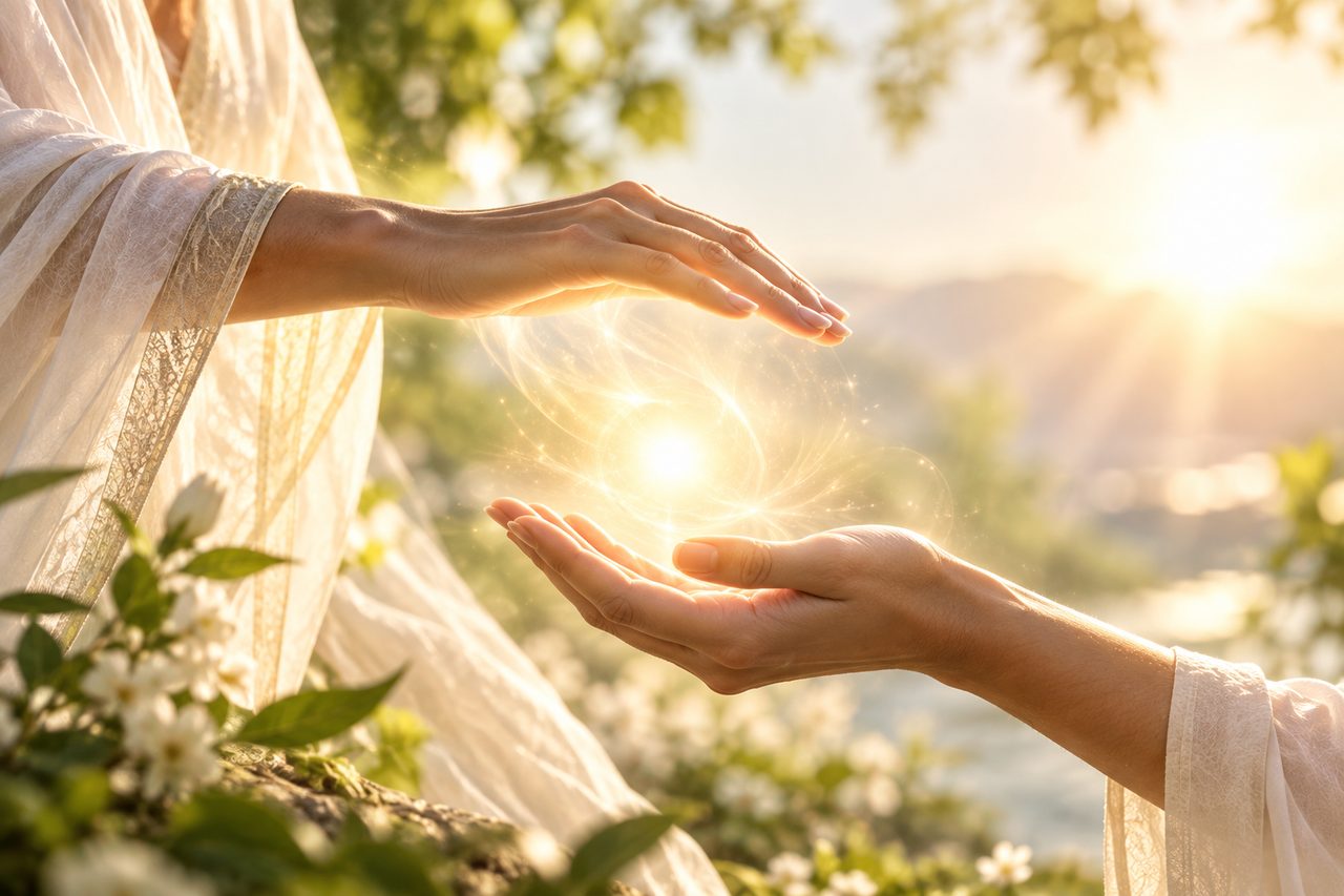 Mãos em concha recebendo uma esfera de luz, entre flores brancas e o sol da manhã.