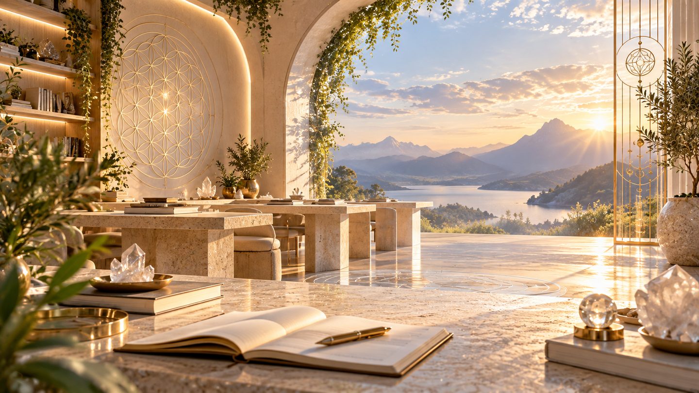 Salle d’étude claire, avec des tables de pierre, des livres ouverts et des cristaux, ouverte sur un lac entre les montagnes.