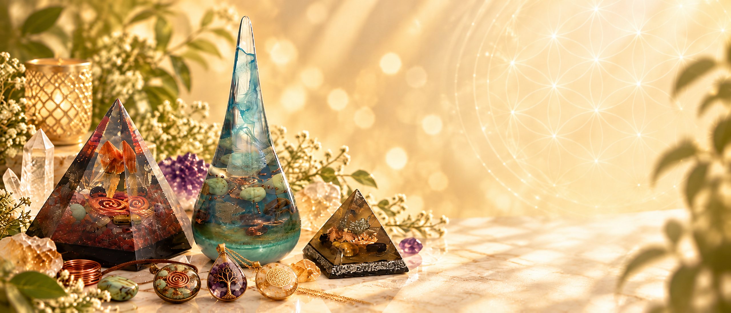 Conjunto de orgonites sobre mesa clara: pirâmides, peças em formato de gota e pingentes com cristais, cobre e metais, em luz dourada.