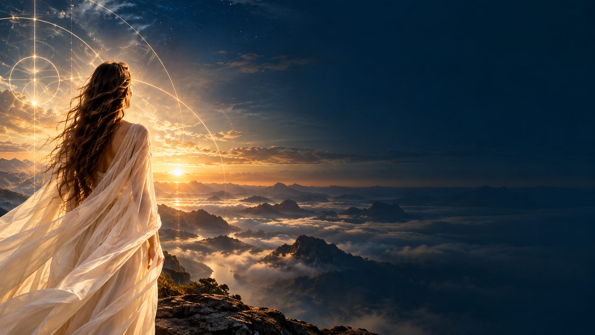 Femme en robe claire, de dos, au sommet d’une montagne face au coucher du soleil, avec des arcs de lumière dans le ciel.